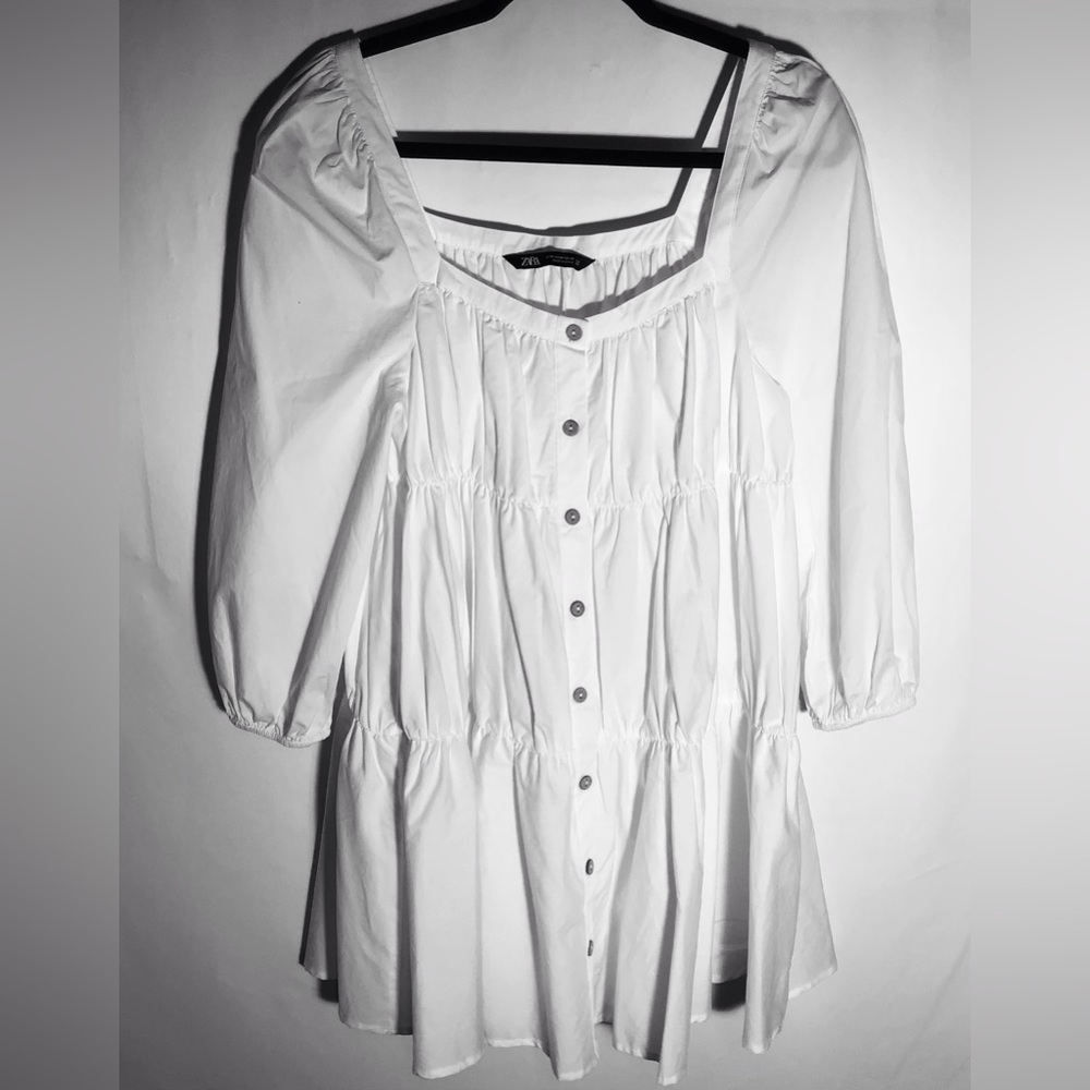 ZARA poplin white dress button down ruffles low neck Size Medium